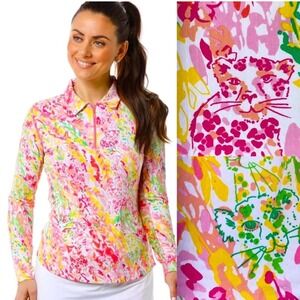 IBKUL Women‎ Cat Cay Long Slv Top Leopard Floral Jungle Colorful XL Golf Tennis